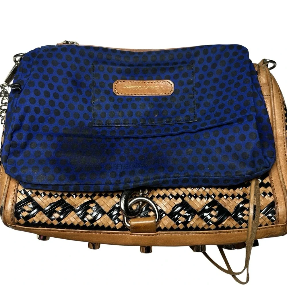 Rebecca Minkoff MAC Woven‎ Leather Crossbody Tan Black Chain Strap Shoulder Bag